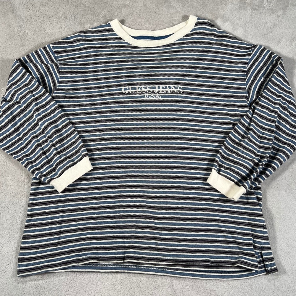 Vintage 90s Guess Jeans Striped Long Sleeve T-Shirt Men's Large Blue White USA